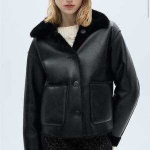 Mango Black Faux Fur Faux Leather Women's Jacket